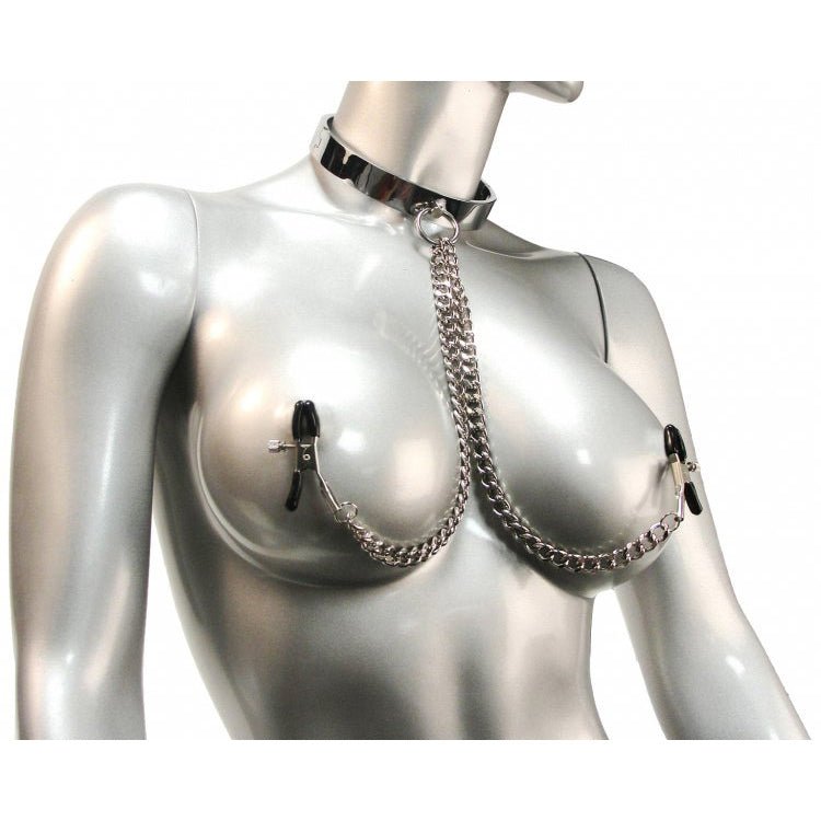 Chrome Slave Collar with Nipple Clamps - SmallMedium - LeatherR - The Rabbit Hole Life