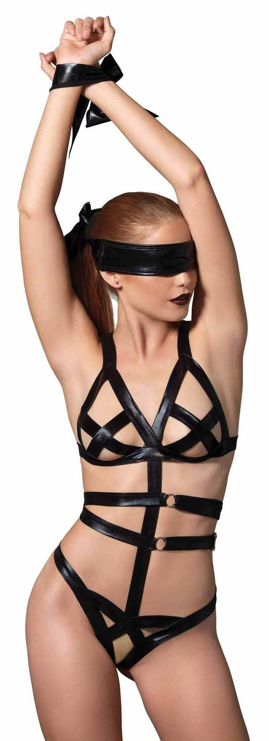 3 Piece Wet Look Bondage G-String Teddy with Restraints - FetishClothing - The Rabbit Hole Life