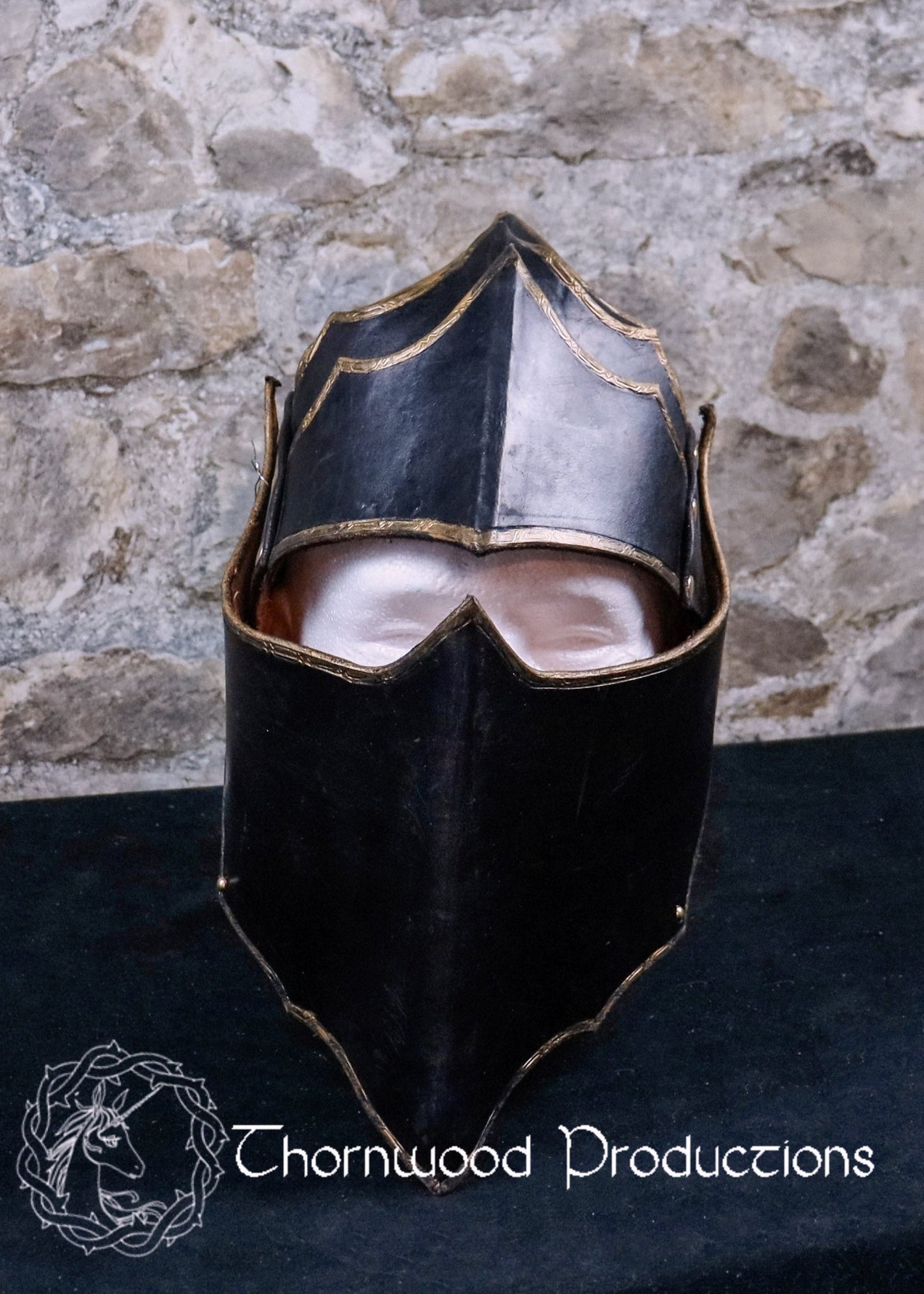 Black and Gold Leather Helm with Rivets - BDSM - The Rabbit Hole Life