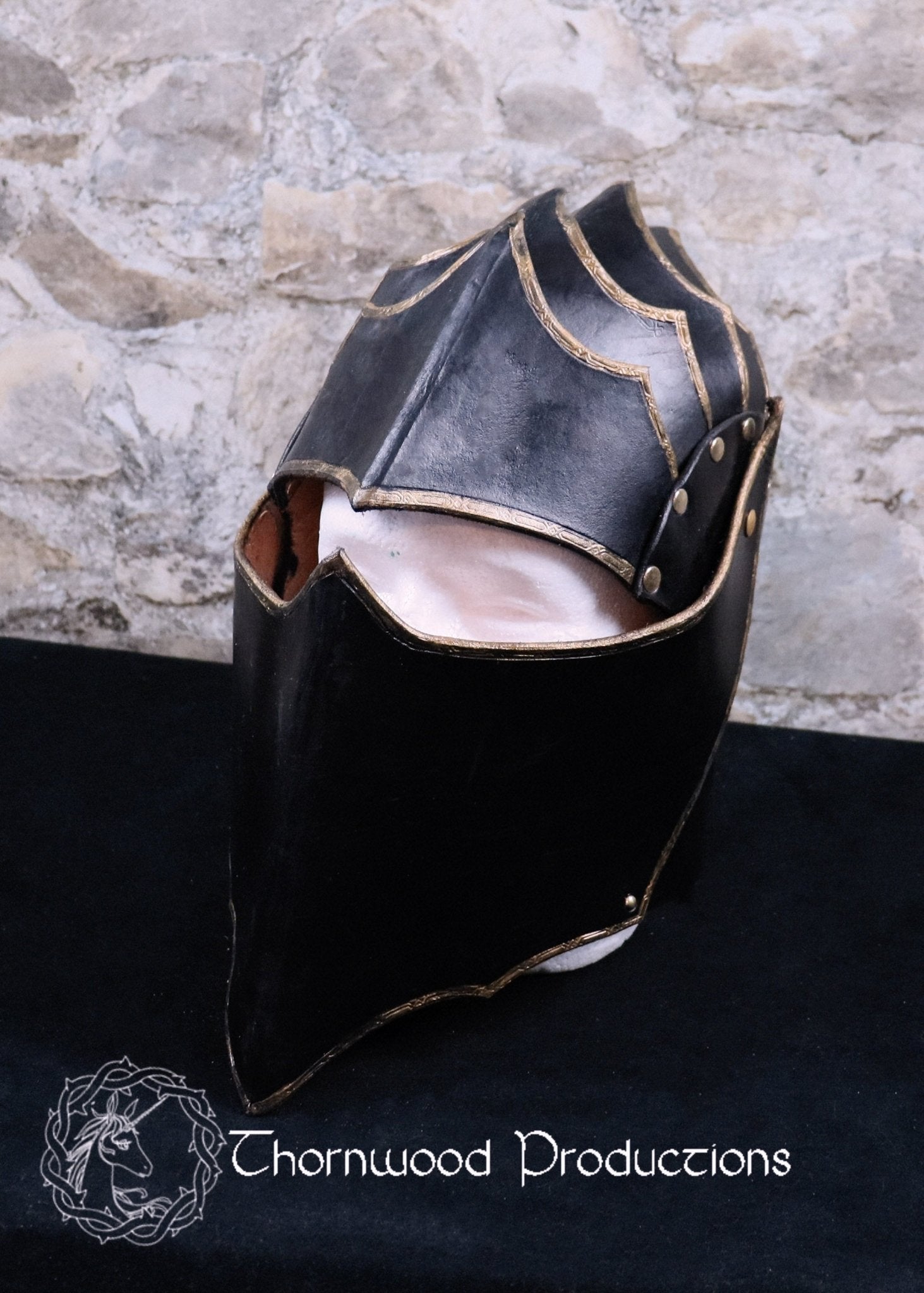 Black and Gold Leather Helm with Rivets - BDSM - The Rabbit Hole Life