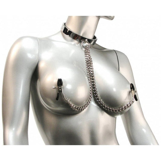 Chrome Slave Collar with Nipple Clamps - SmallMedium - LeatherR - The Rabbit Hole Life