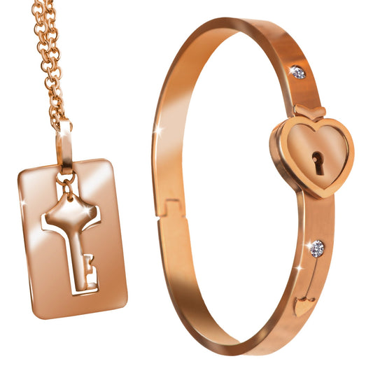 Cuffed Locking Bracelet and Key Necklace - Rose Gold - FetishClothing - The Rabbit Hole Life