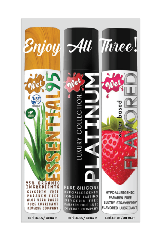 Wet® 3 PACK SAMPLER (1OZ ESSENTIAL95, PLATINUM, STRAWBERRY) 1 Fl. Oz./30mL x 3 - Lubes - The Rabbit Hole Life