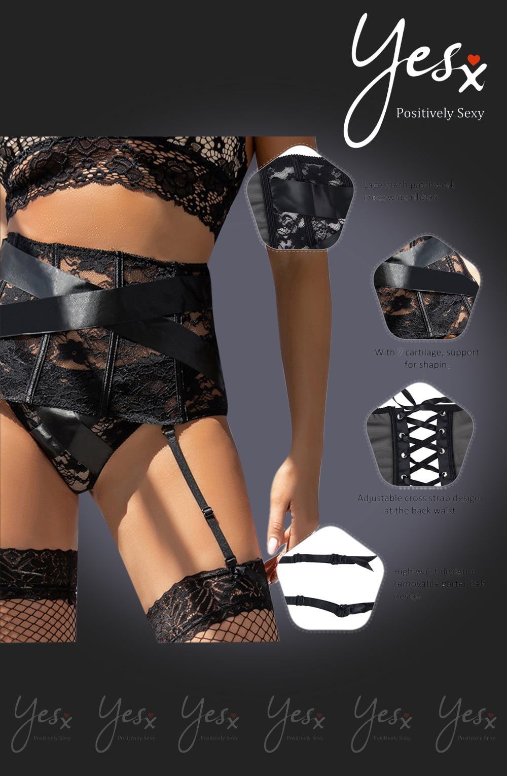 YesX YX984 Suspender Belt & Thong Set Black - The Rabbit Hole Life