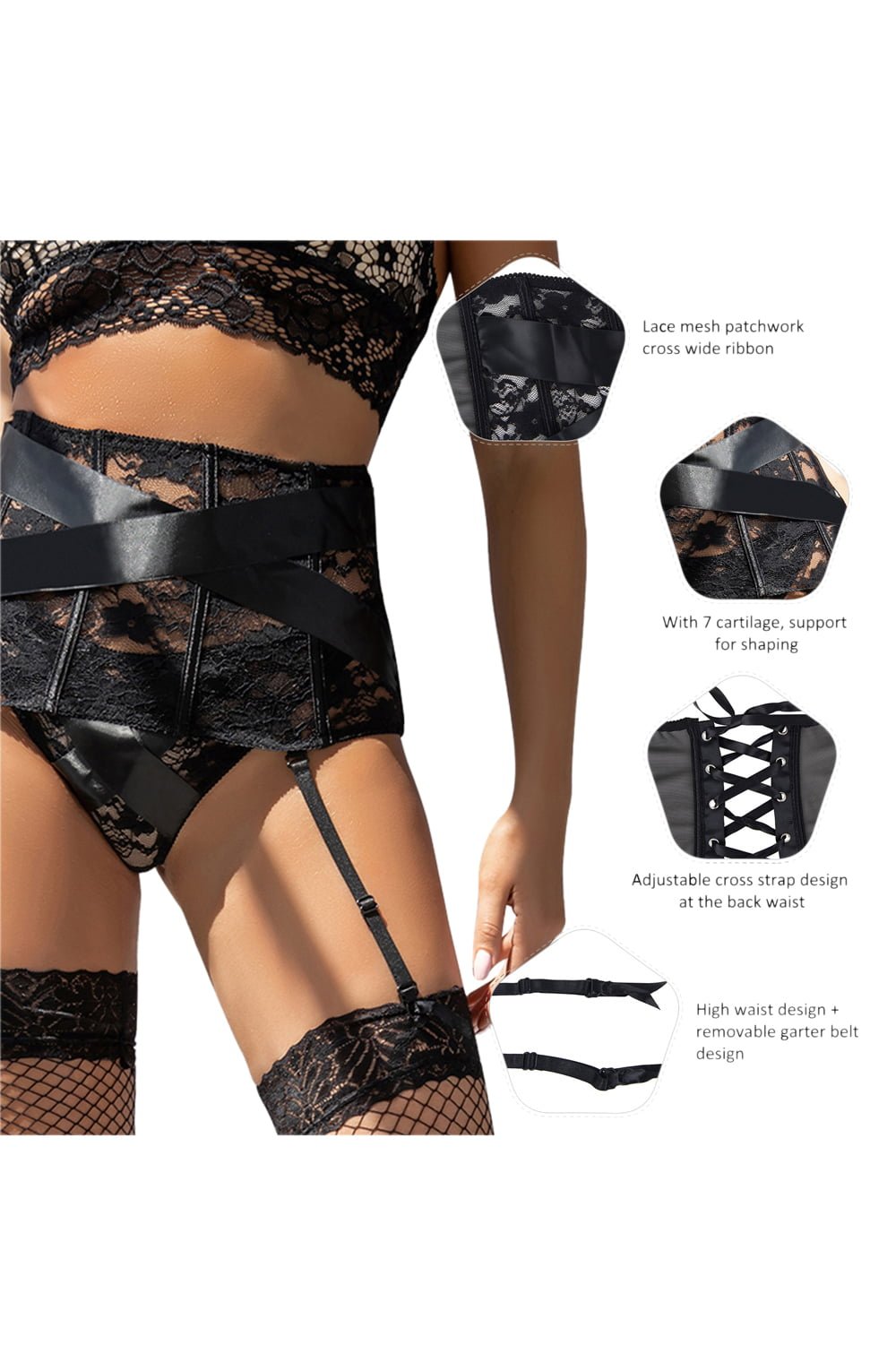 YesX YX984 Suspender Belt & Thong Set Black - The Rabbit Hole Life